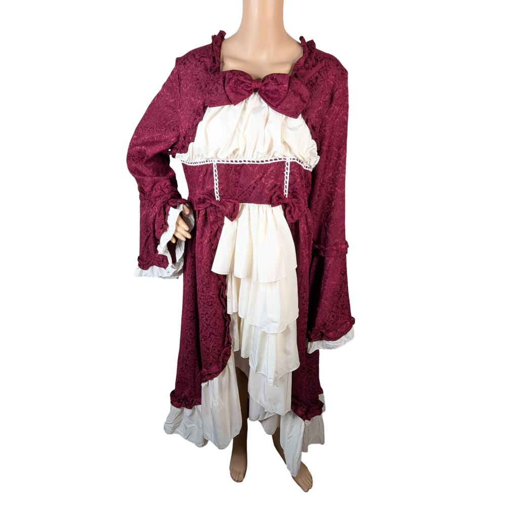 Burgundy Damask Jacquard Lolita Victorian Cosplay Ruffle High-Low Dress XL/1X